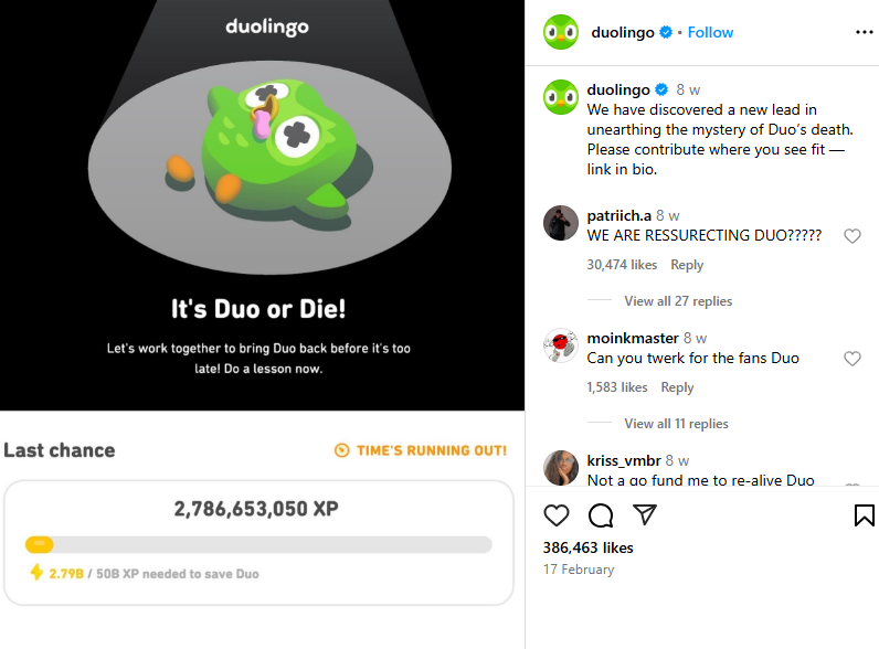 duolingo instagram post about bringing duo back