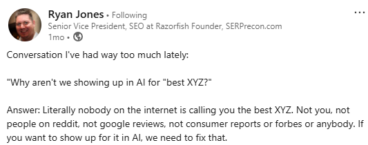screenshot of a linkedin post from ryan jones about ai search
