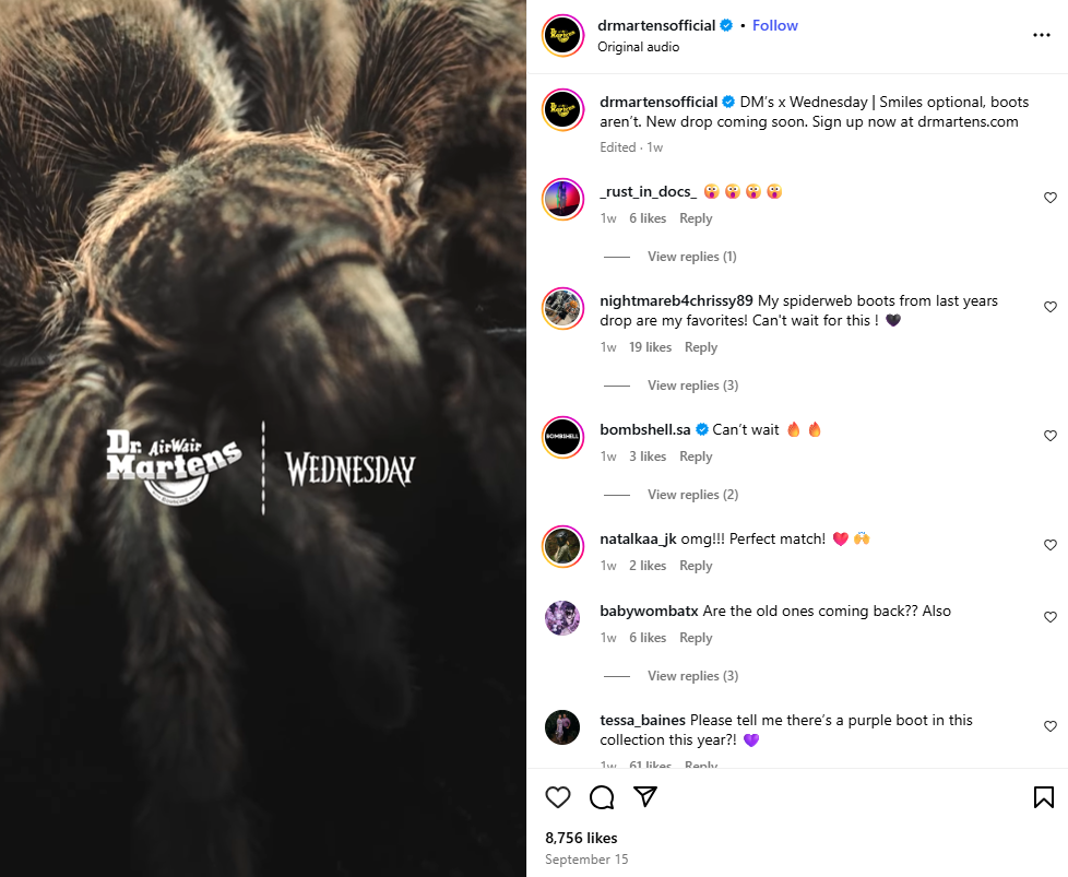 screenshot of an instagram post showing dr martens x wednesday