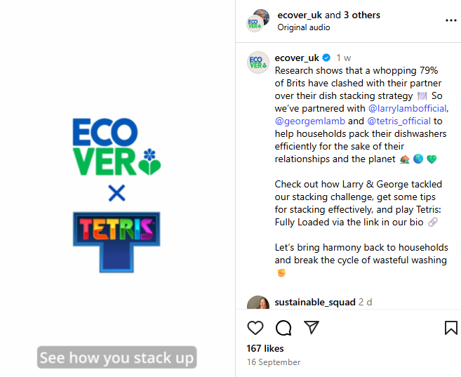 screenshot of an ecover x tetris instagram post